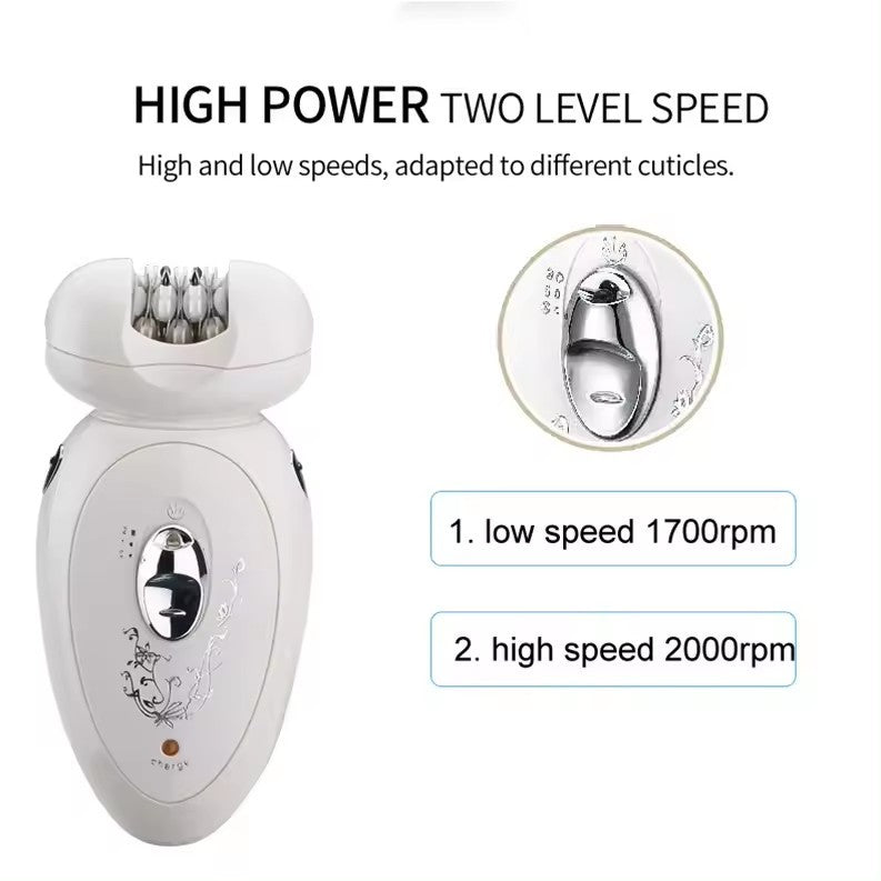 White electric facial cleansing device shown on a white background with promotional text reading &