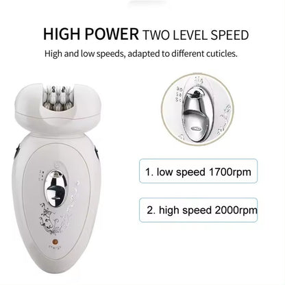 White electric facial cleansing device shown on a white background with promotional text reading &
