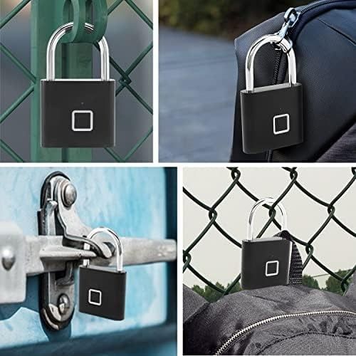 Black padlock attached to various objects including a fence, suitcase, and metal gate.