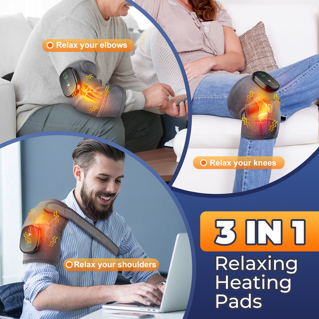 3-in-1 relaxing heating pads being used by people on a couch and at a desk.