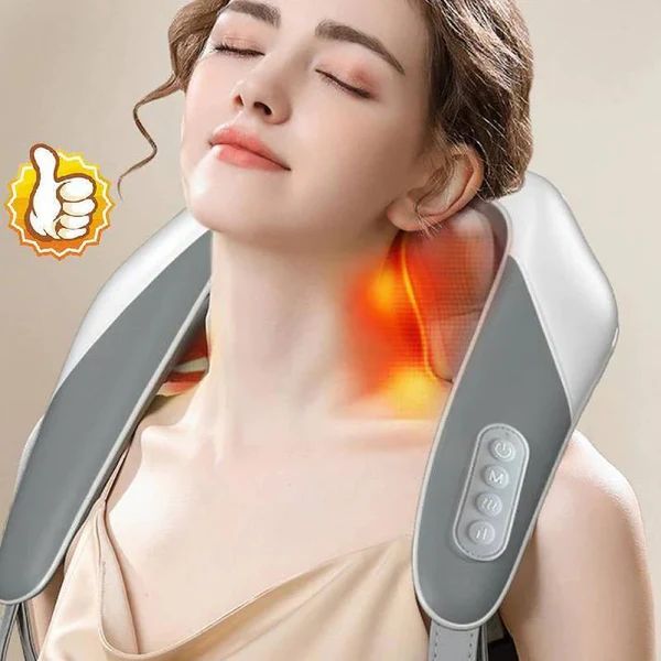 Woman receiving neck and shoulder massage from a device with a thumbs-up icon.