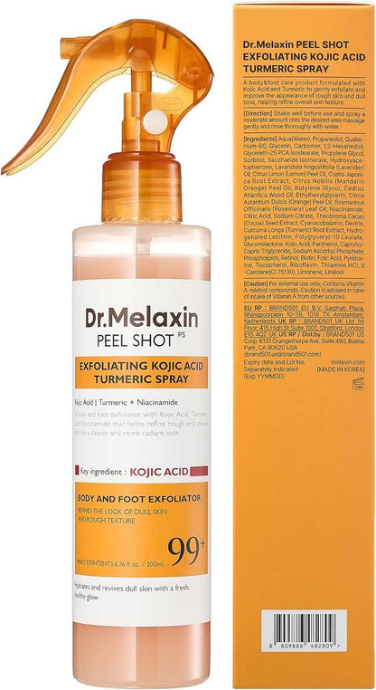 Dr. Melanin peel shot exfoliating kojic acid turmeric spray with packaging on an orange background