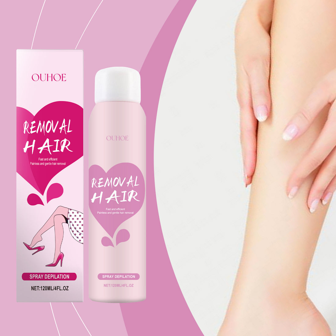 OUHOE Removal Hair spray deplating bottle and packaging box shown next to a model&
