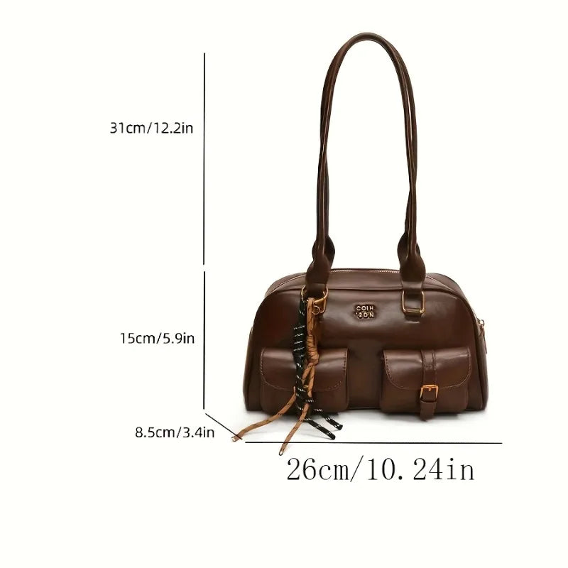 A brown leather handbag shown on a white background with dimension lines and text indicating height, width, and depth measurements.