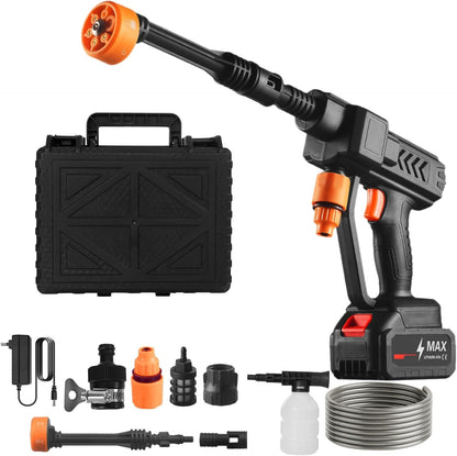 Cordless pressure washer with accessories on a white background