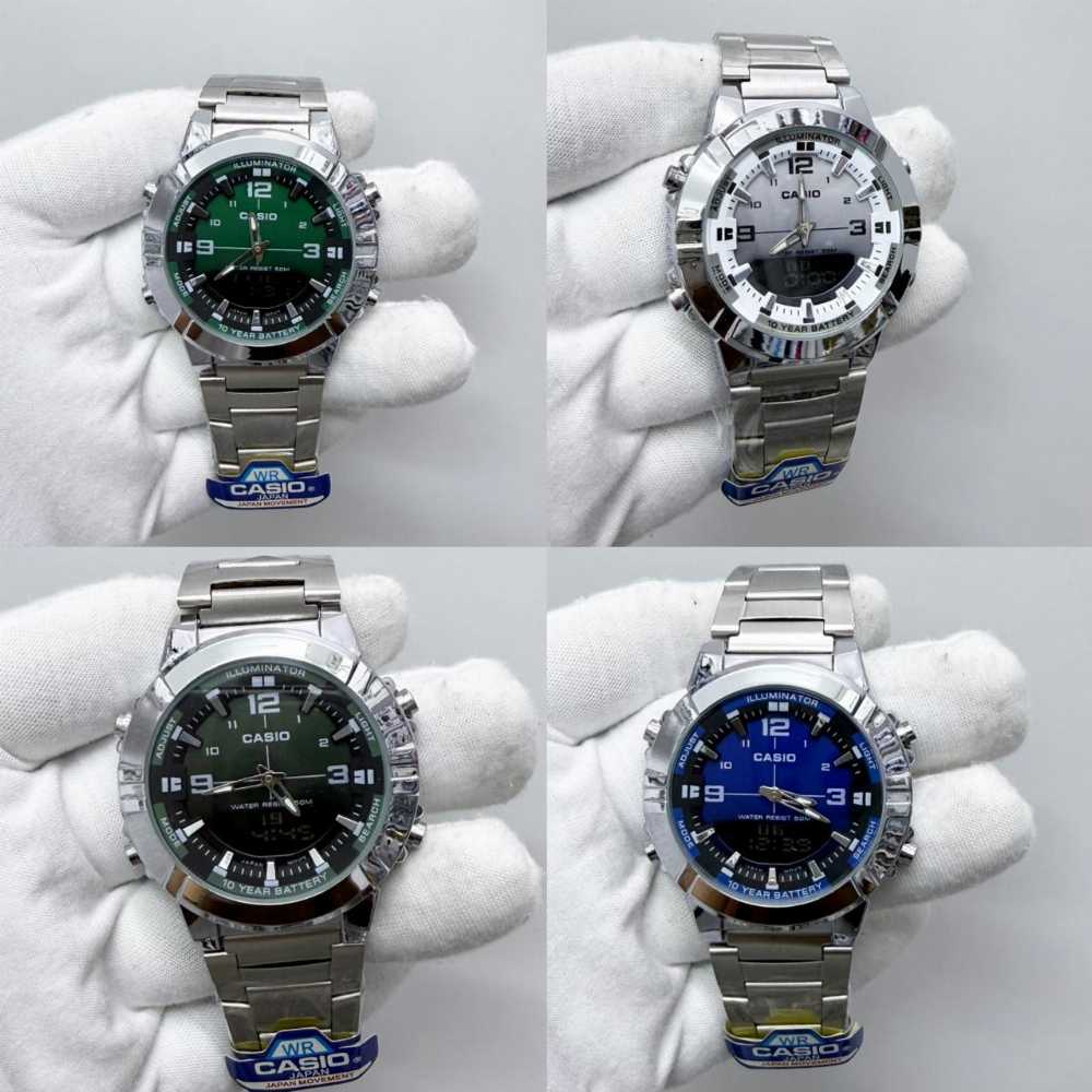 Four views of a Casio watch held in white gloves on a gray background