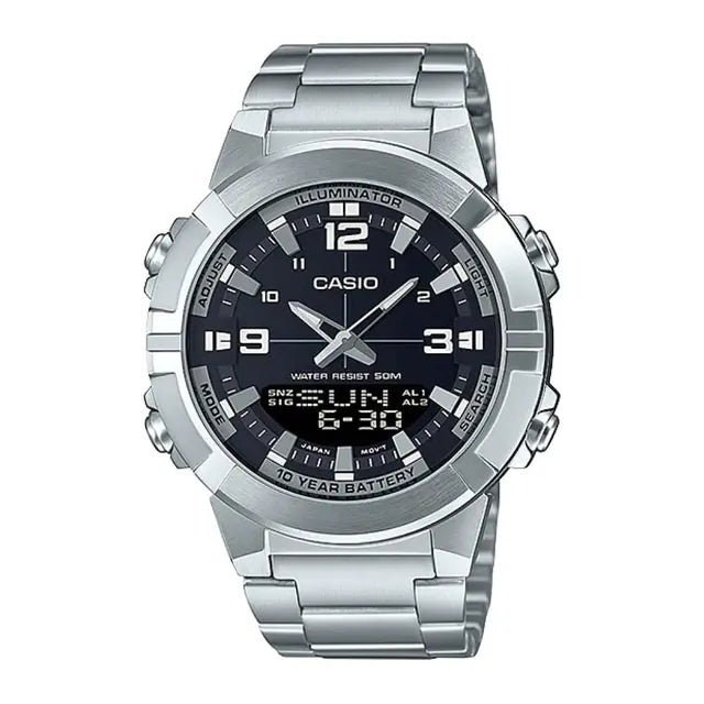 Silver Casio watch with black face on a white background