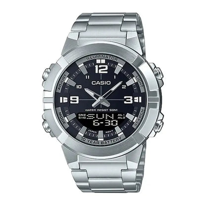 Silver Casio watch with black face on a white background