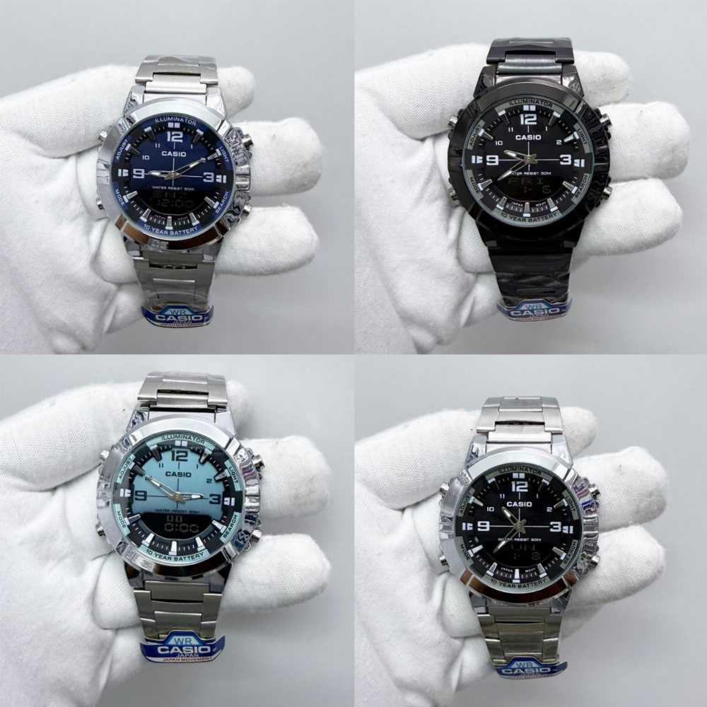 Four Casio watches displayed on mannequin hands against a gray background