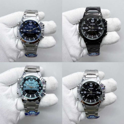 Four Casio watches displayed on mannequin hands against a gray background