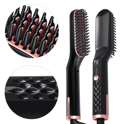 Hair straightening brush with close-up details on a white background