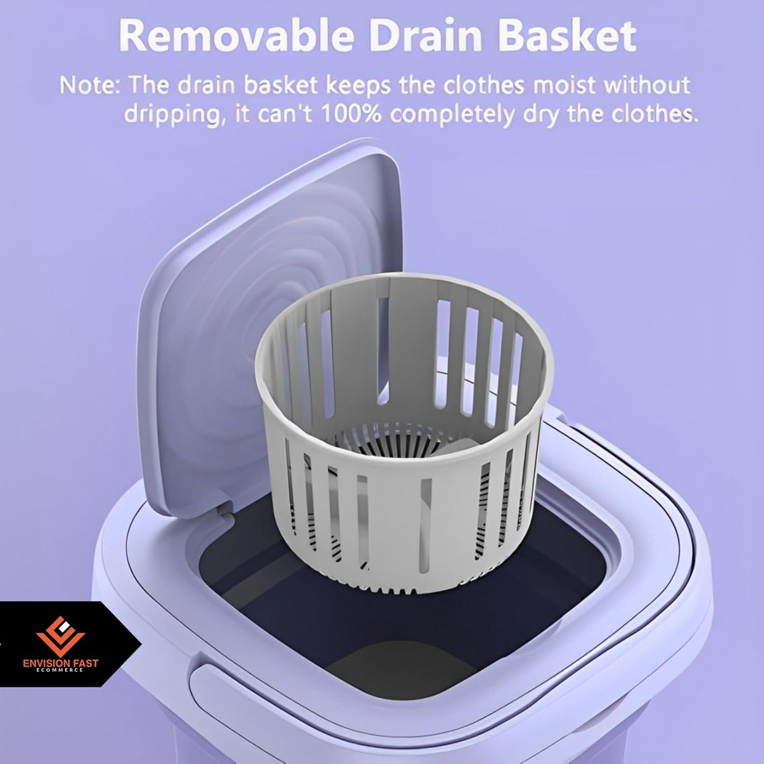 Removable drain basket in a washing machine with text on a purple background