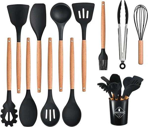 12-Piece Silicone Kitchen Utensils Set – Wooden Handle, Heat Resistant
