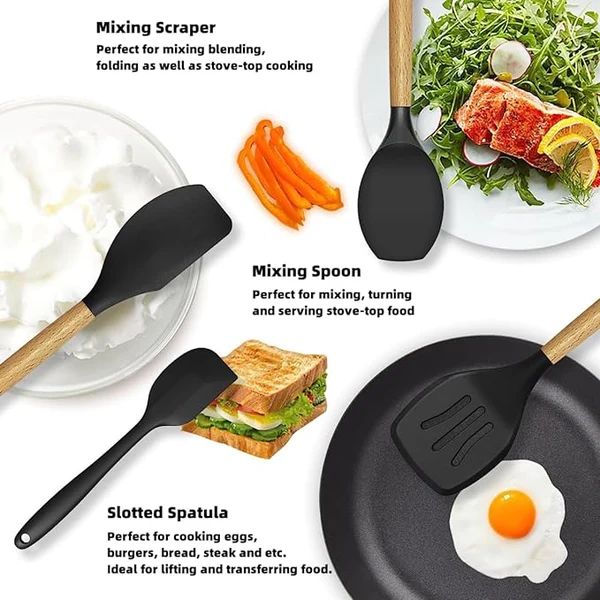 12-Piece Silicone Kitchen Utensils Set – Wooden Handle, Heat Resistant