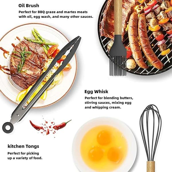 12-Piece Silicone Kitchen Utensils Set – Wooden Handle, Heat Resistant