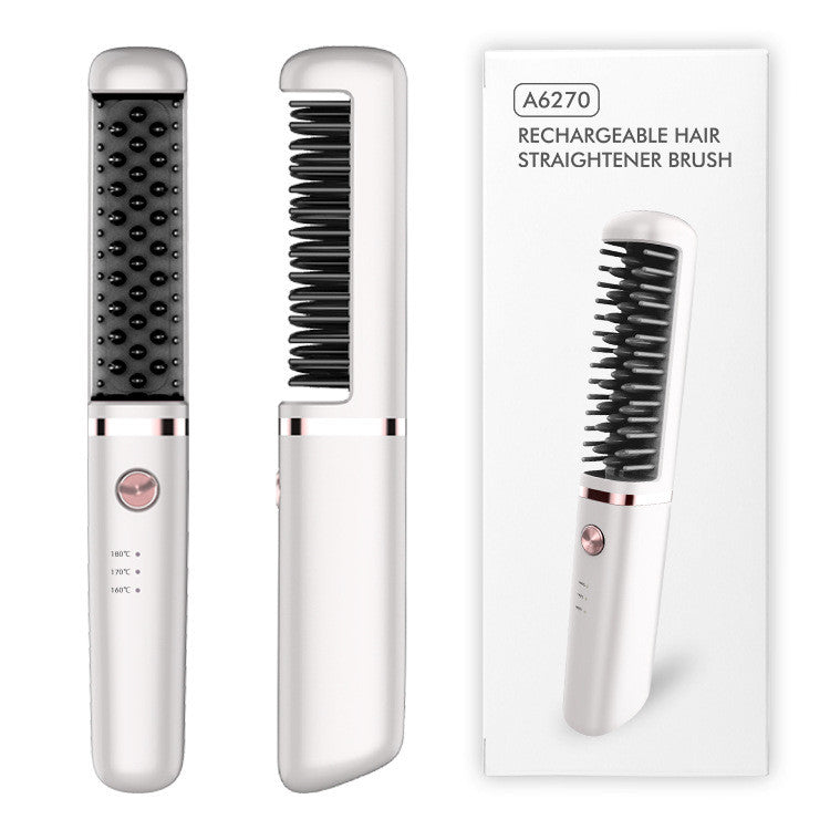 Rechargeable hair straightening brush with packaging on a white background