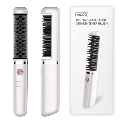 Rechargeable hair straightening brush with packaging on a white background