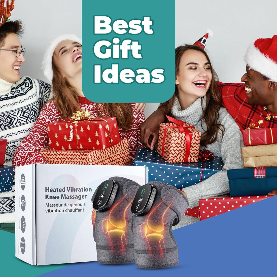 Heated vibration knee massager with people opening gifts in the background, labeled &