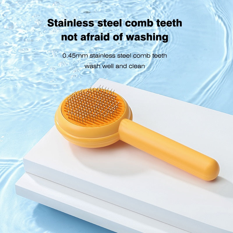 Yellow comb with stainless steel teeth on a blue water background