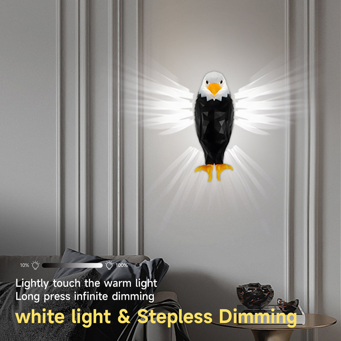 A wall-mounted eagle-shaped light fixture with glowing white rays, shown in a modern interior setting with text overlays describing touchable white light and stepless dimming.