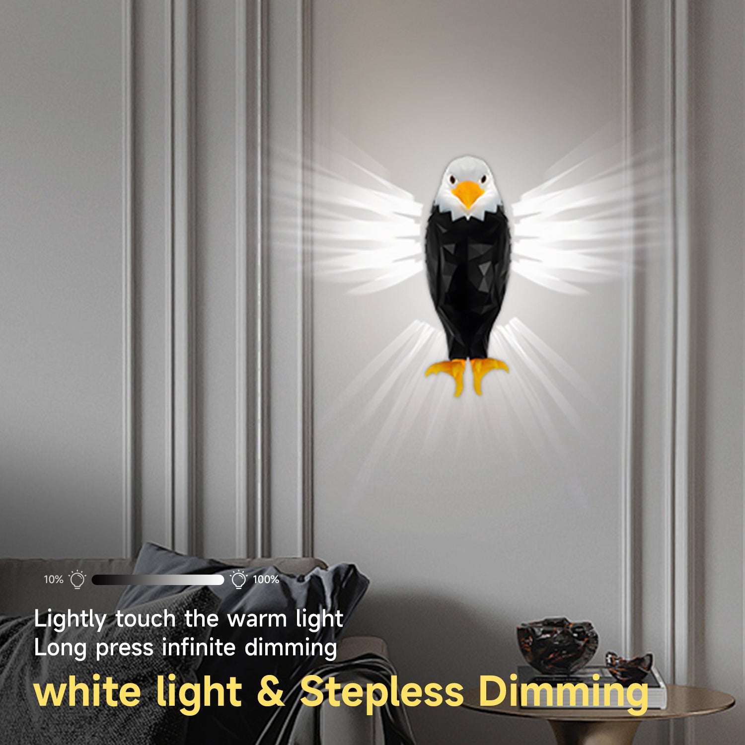 A wall-mounted eagle-shaped light fixture with glowing white rays, shown in a modern interior setting with text overlays describing touchable white light and stepless dimming.