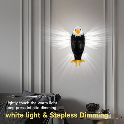 A wall-mounted eagle-shaped light fixture with glowing white rays, shown in a modern interior setting with text overlays describing touchable white light and stepless dimming.