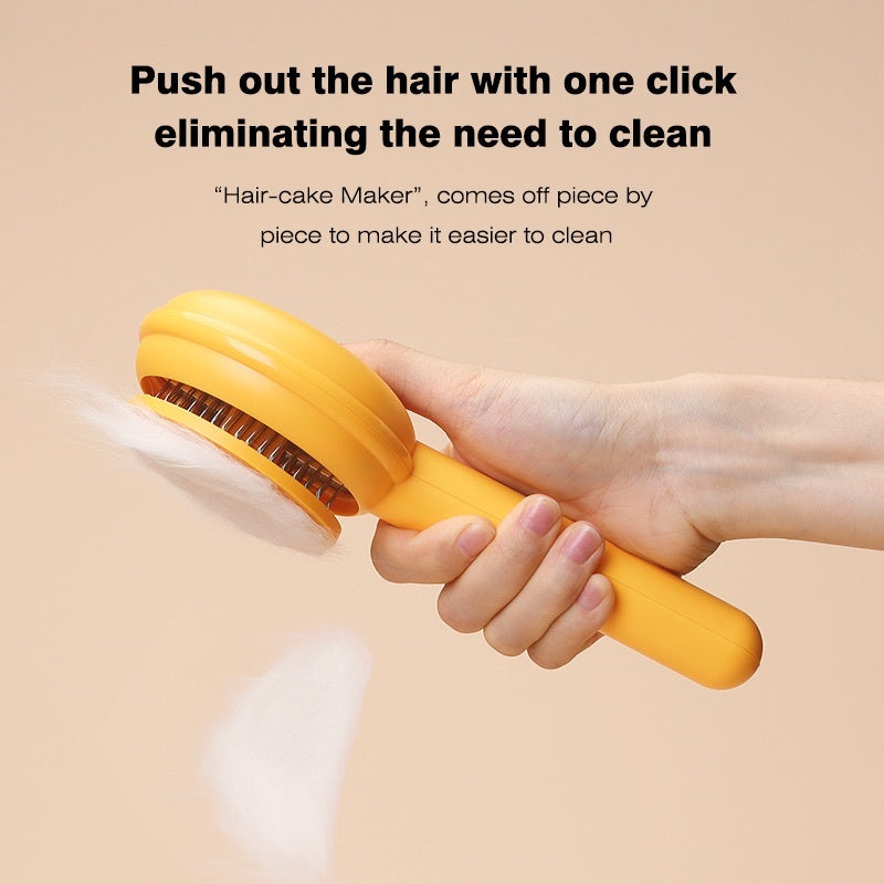 Yellow hair removal tool held by a hand with text on a beige background