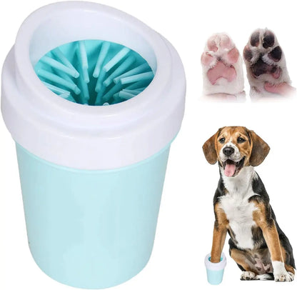 Pet toothbrush holder with cleaning brush, dog paws, and a dog sitting next to it.
