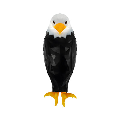 A stylized low-poly bald eagle figure centered on a plain white background. The design features a white head and neck, a bright yellow beak and feet, and a black body with geometric facets.