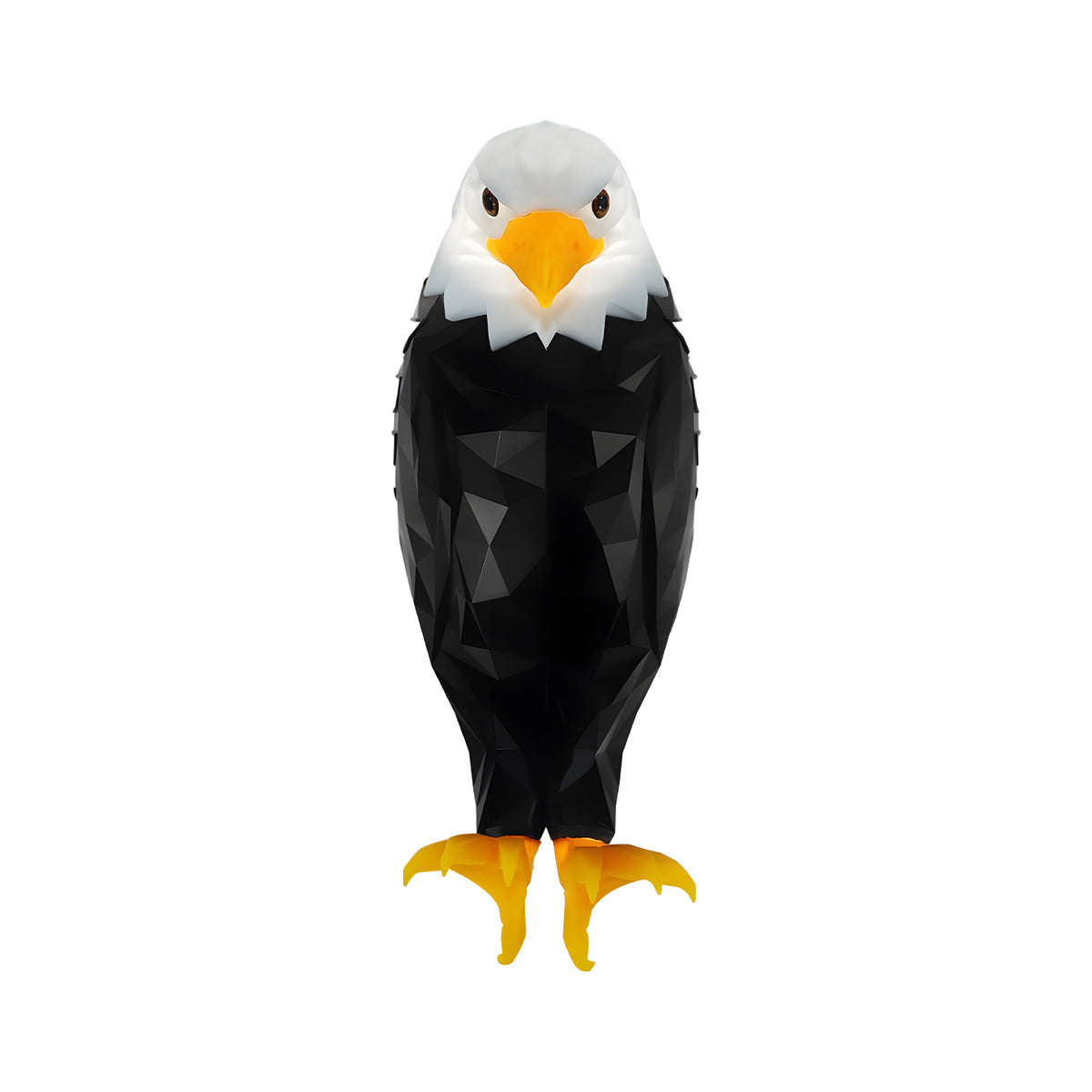 A stylized low-poly bald eagle figure centered on a plain white background. The design features a white head and neck, a bright yellow beak and feet, and a black body with geometric facets.