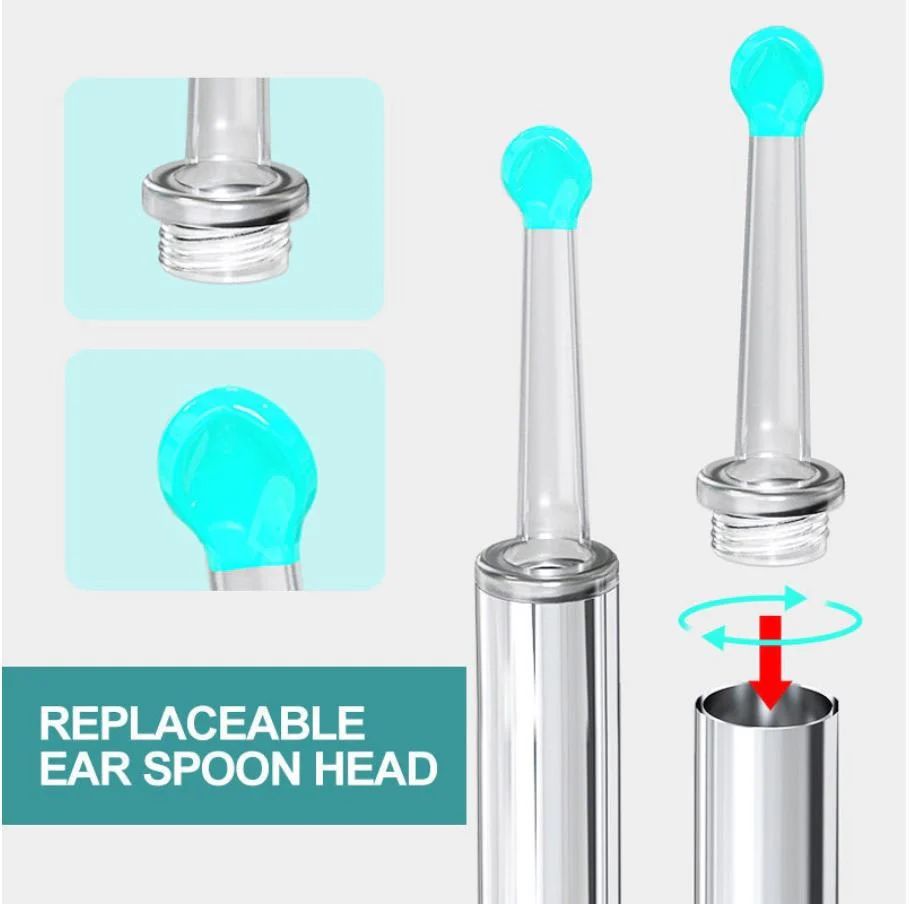 Replaceable ear spoon head with clear handle and teal head on a light gray background