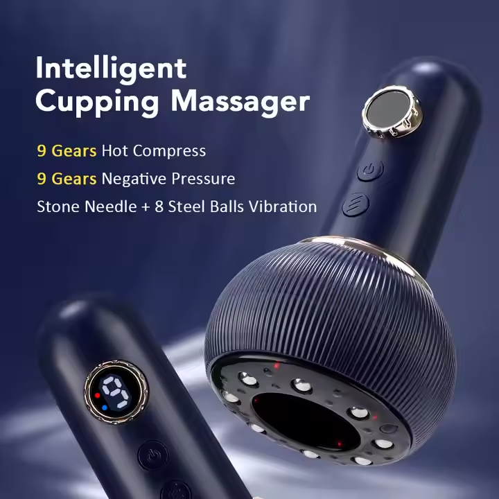 Intelligent cupping massager shown in a clean promotional render with two dark navy handheld devices on a blue gradient background, surrounded by marketing text about gears, hot compress, negative pressure, and stone needle plus steel balls vibration.
