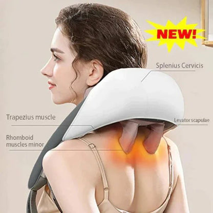 Person using a neck and shoulder massager with glowing orange lights, labeled &