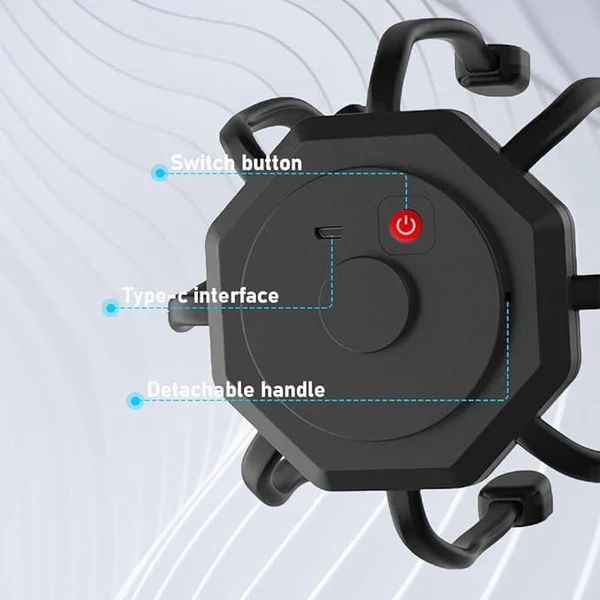Black bike light with labeled switch button, Type-C interface, and detachable handle on a white background