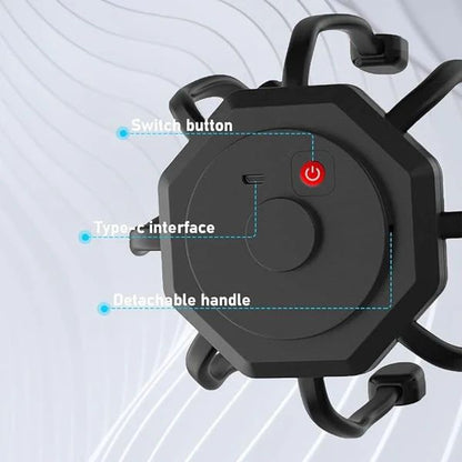 Black bike light with labeled switch button, Type-C interface, and detachable handle on a white background