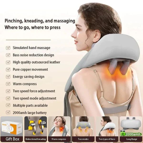 Person using a neck and shoulder massager with features listed on the left.