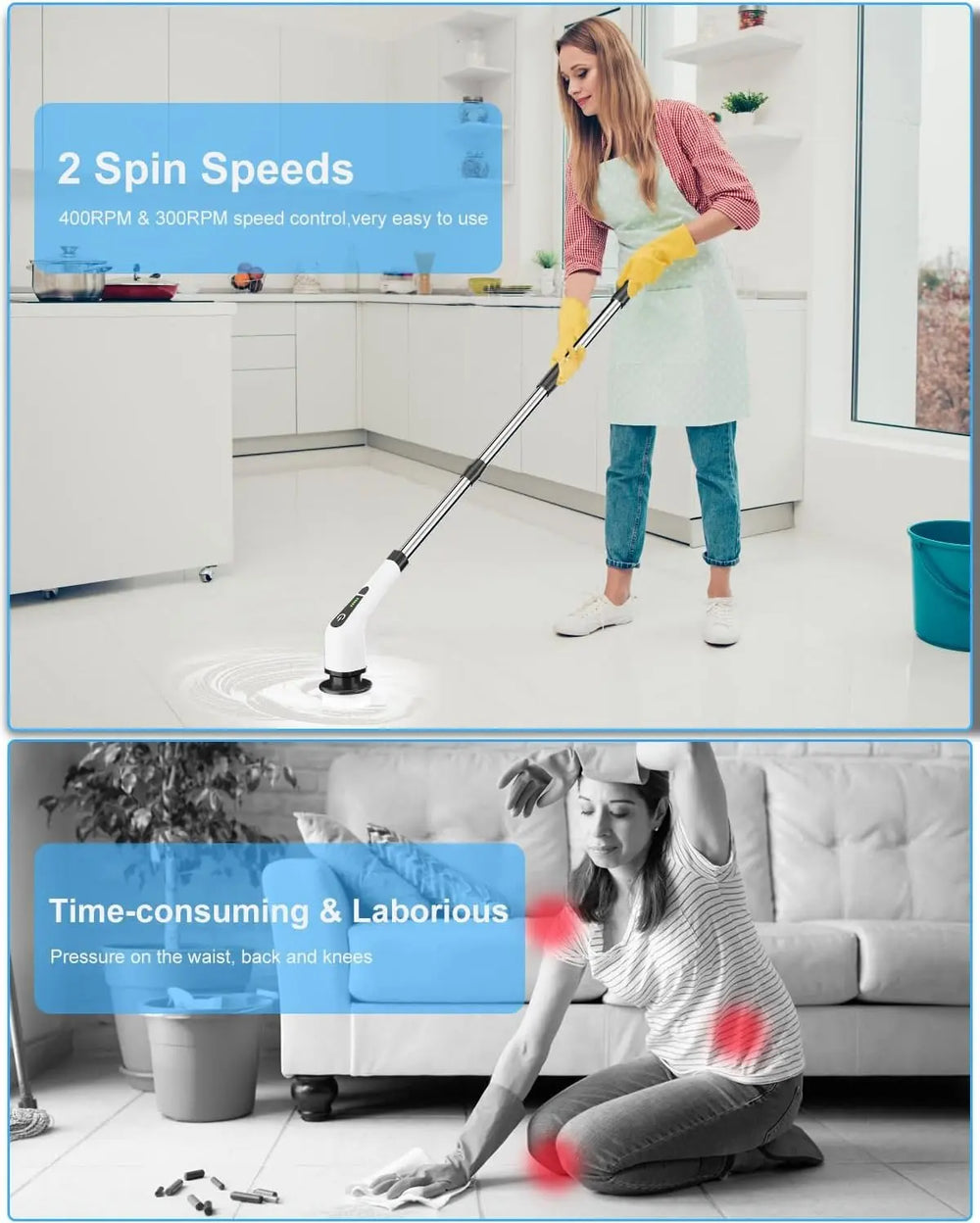 Person using a cleaning tool in a kitchen and another person showing discomfort from cleaning.