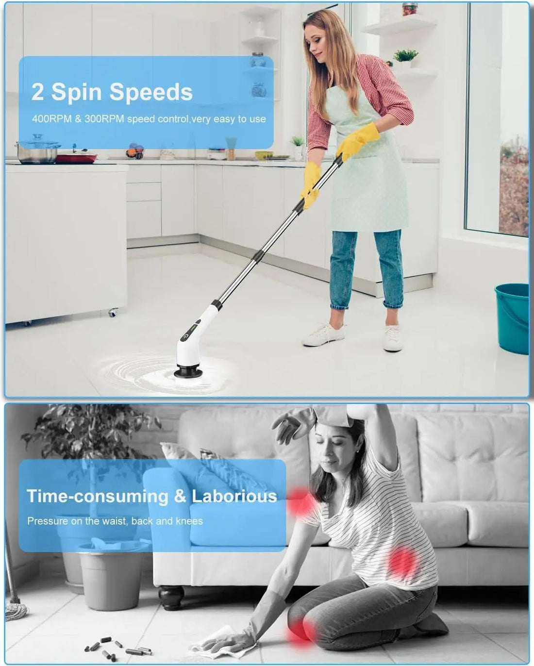Person using a cleaning tool in a kitchen and another person showing discomfort from cleaning.