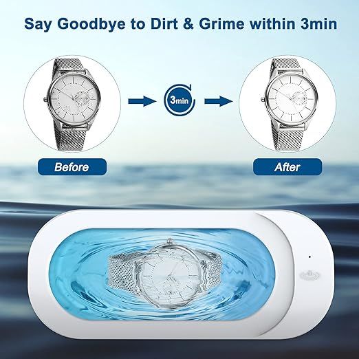 Watch cleaning device with before and after images of a watch submerged in water.