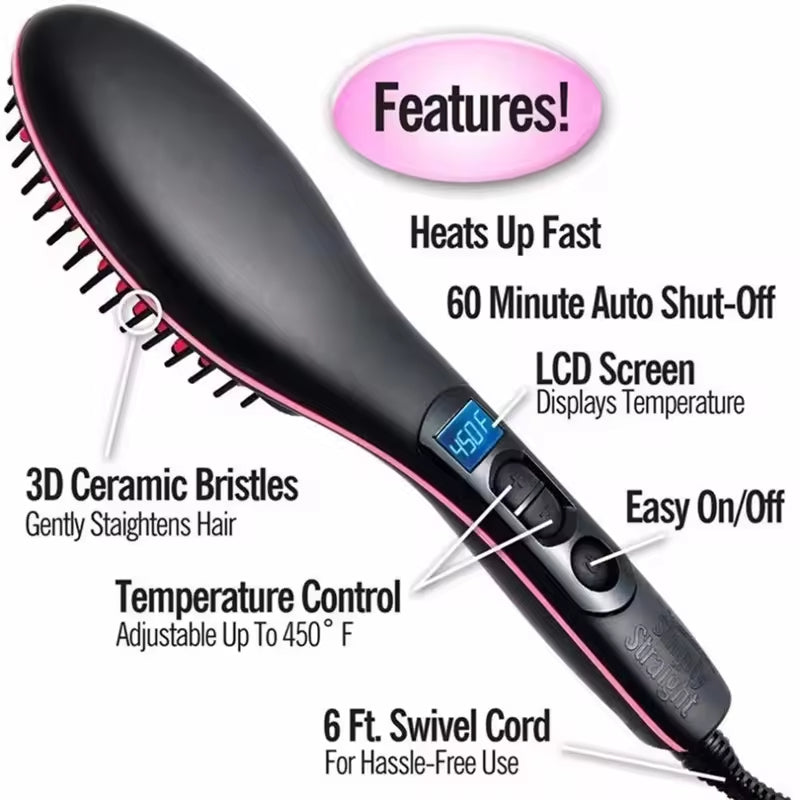 Hair straightening brush with features listed on a white background