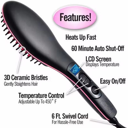 Hair straightening brush with features listed on a white background