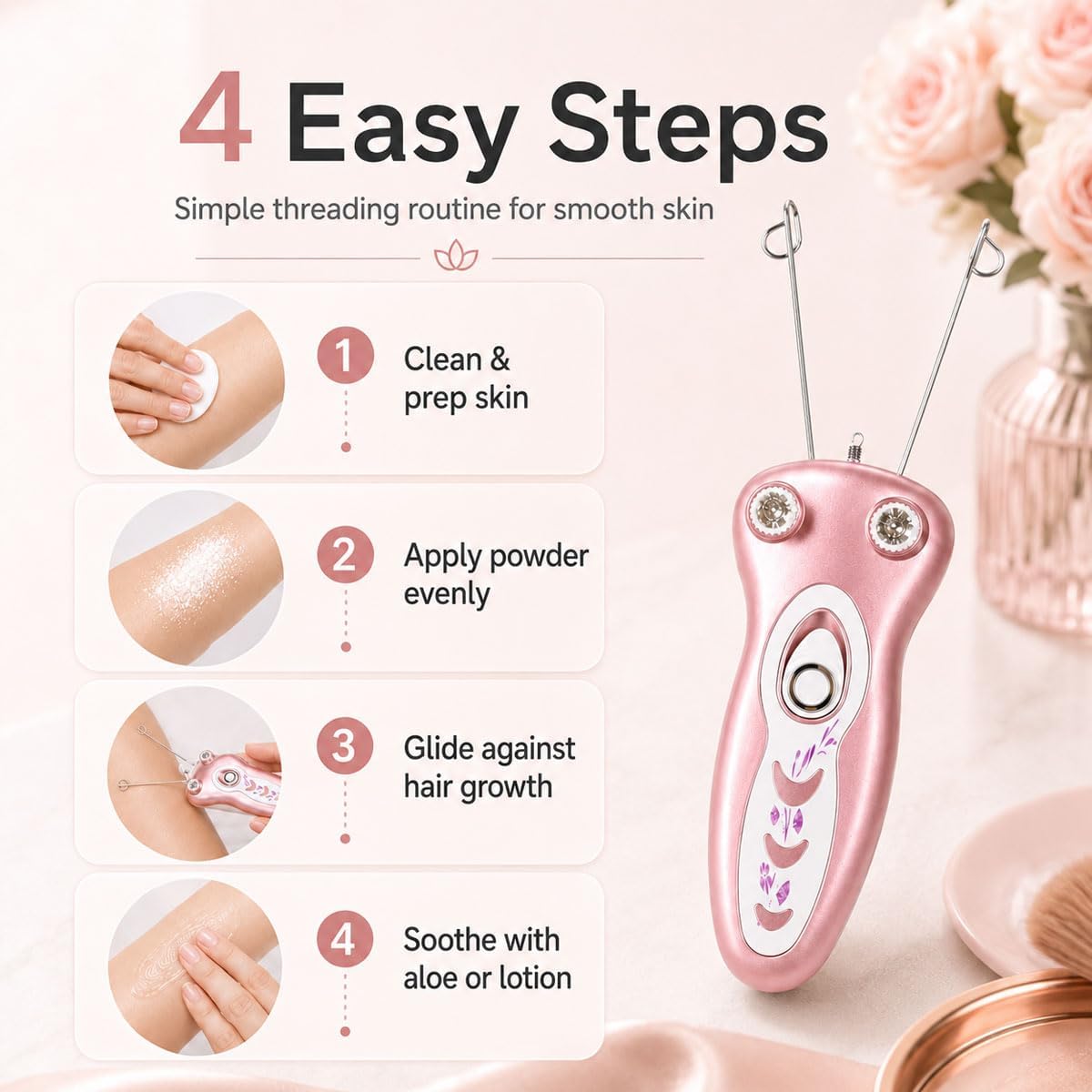 Pink handheld threader beauty device shown next to a &
