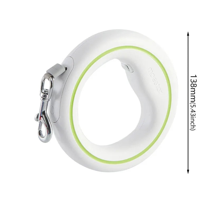 A white retractable dog leash with a lime green inner ring and a silver metal clasp, shown on a white background with a vertical dimension marker indicating 138mm (5.43 inches).