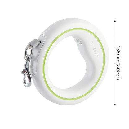A white retractable dog leash with a lime green inner ring and a silver metal clasp, shown on a white background with a vertical dimension marker indicating 138mm (5.43 inches).