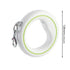 A white retractable dog leash with a lime green inner ring and a silver metal clasp, shown on a white background with a vertical dimension marker indicating 138mm (5.43 inches).