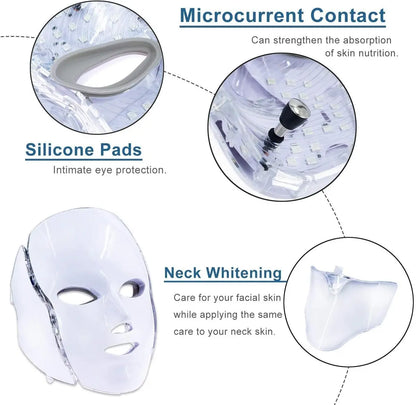 Facial mask with silicone pads and neck whitening features, showing close-up details on a white background.