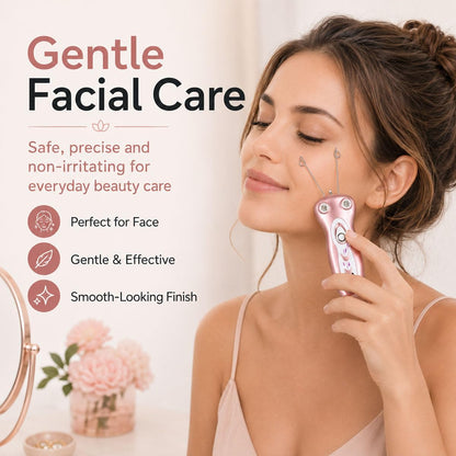 A woman applies a pink and silver facial care device to her cheek in a bright, clean beauty setting. Text on the left reads &
