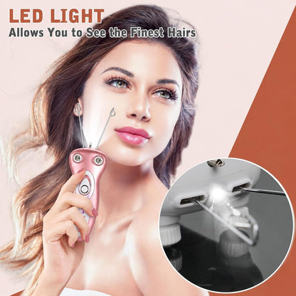 A woman holds a pink handheld LED light device against her cheek, with text reading &