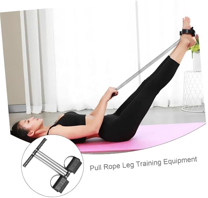 A woman in a black sports bra and leggings lies on a pink yoga mat using a pull rope leg training device, with an inset circle showing the equipment close-up and text reading &