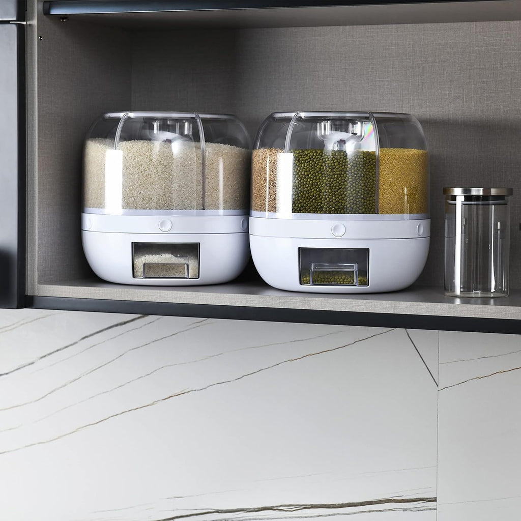 360° Rotating Dry Food Dispenser – 6-Compartment Airtight Grain Storage Container